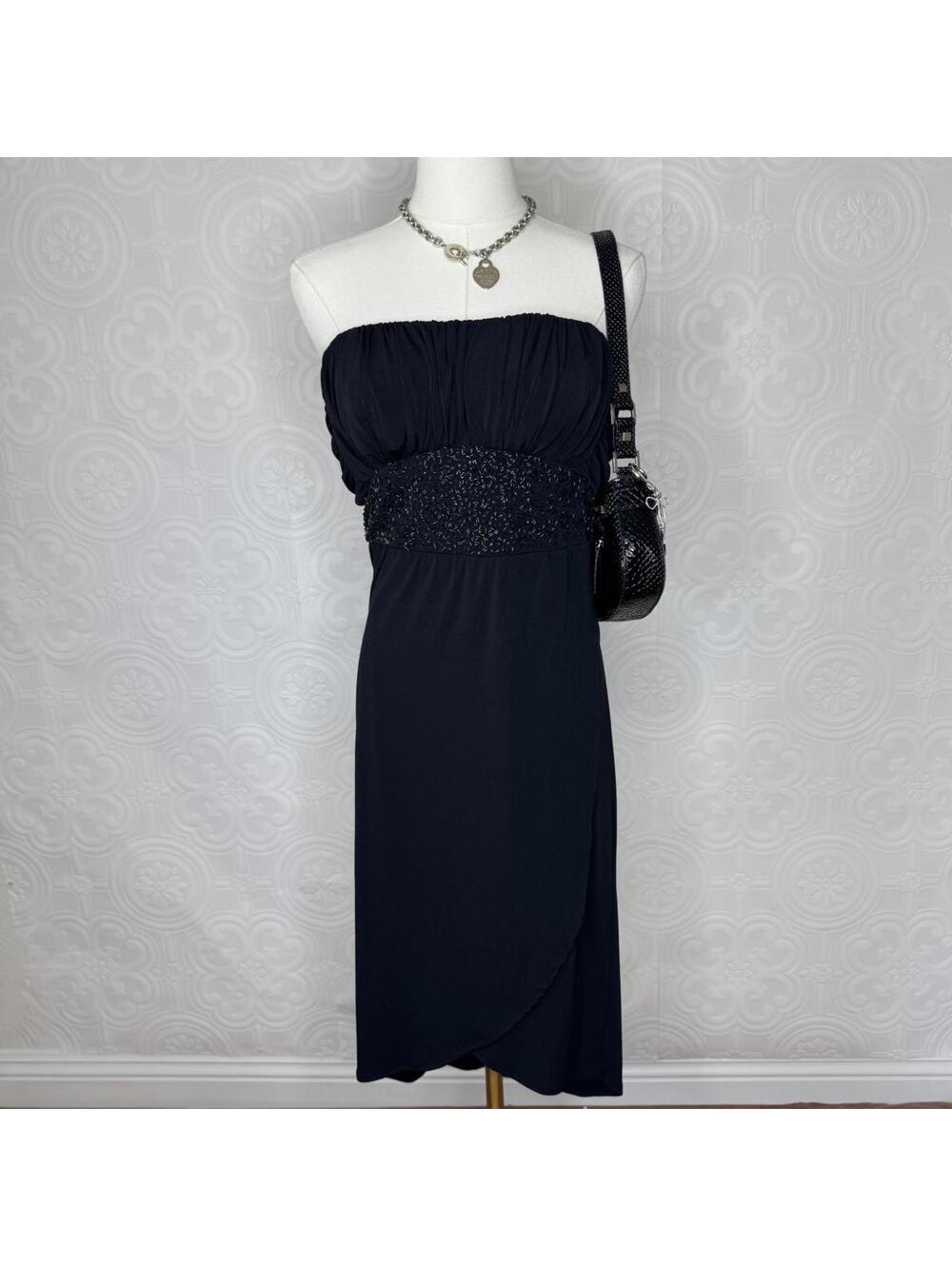 Vintage Black Babydoll Fairy Midi Dress Womens Large Beaded Strapless XOXO
